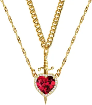 Heart Sword Necklace For Couples Him And Her Gold Silver Stainless Steel Cuban Water Ripple Chain Zirconia Dainty Trendy Matching Sword Through Heart Necklace Set Valentines Day Jewelry Gift