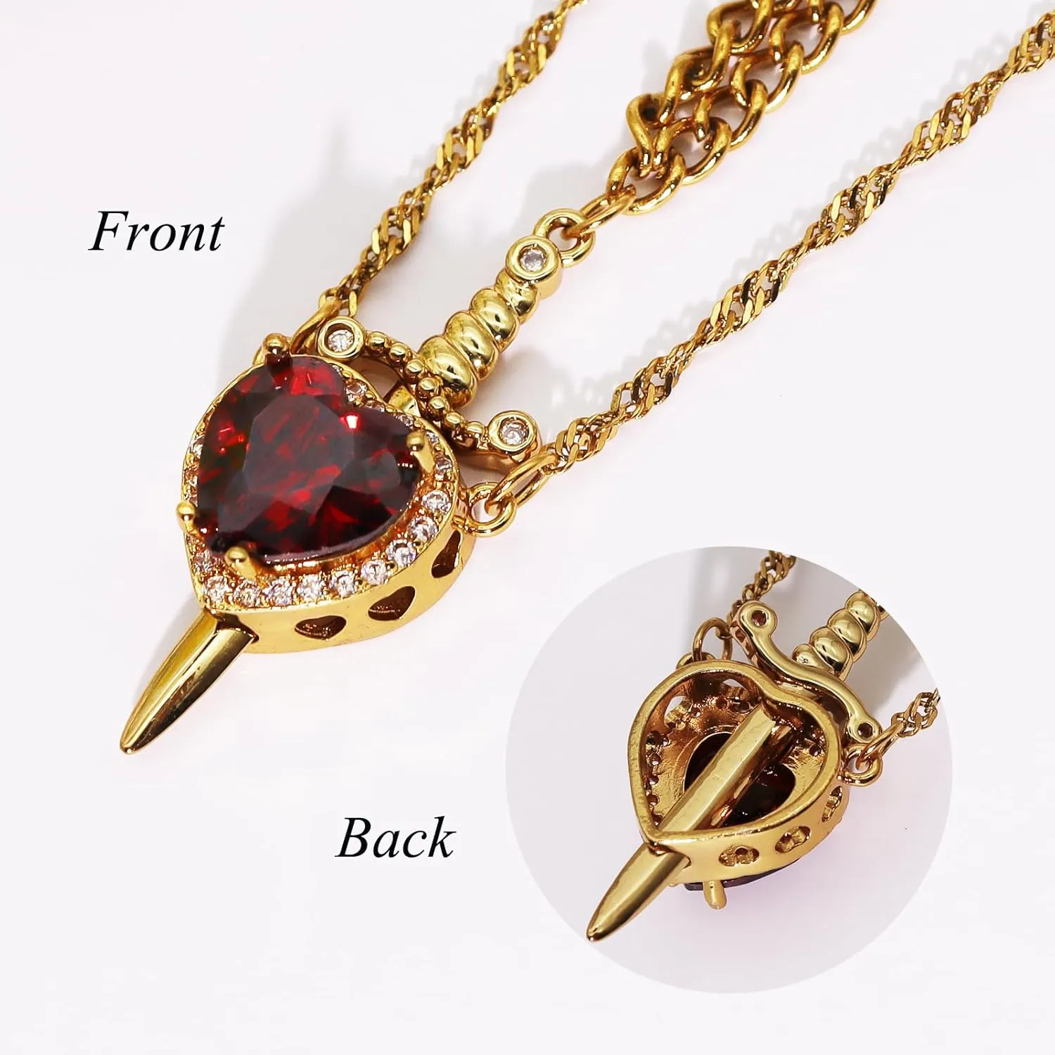 Heart Sword Necklace For Couples Him And Her Gold Silver Stainless Steel Cuban Water Ripple Chain Zirconia Dainty Trendy Matching Sword Through Heart Necklace Set Valentines Day Jewelry Gift