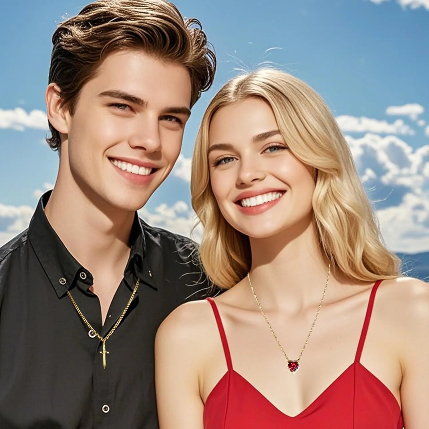 Heart Sword Necklace For Couples Him And Her Gold Silver Stainless Steel Cuban Water Ripple Chain Zirconia Dainty Trendy Matching Sword Through Heart Necklace Set Valentines Day Jewelry Gift