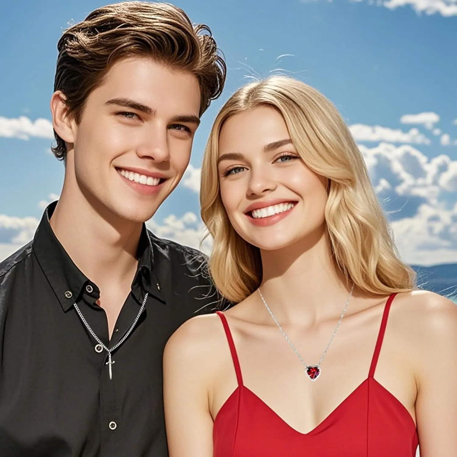 Heart Sword Necklace For Couples Him And Her Gold Silver Stainless Steel Cuban Water Ripple Chain Zirconia Dainty Trendy Matching Sword Through Heart Necklace Set Valentines Day Jewelry Gift