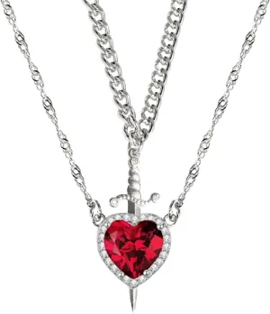Heart Sword Necklace For Couples Him And Her Gold Silver Stainless Steel Cuban Water Ripple Chain Zirconia Dainty Trendy Matching Sword Through Heart Necklace Set Valentines Day Jewelry Gift