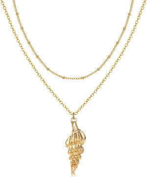HEIDKRUEGER Gold Whelk Pendant Necklace Twin Chain Necklace Scallop Conch Adjustable Seashell Jewelry Gifts for Women Girls