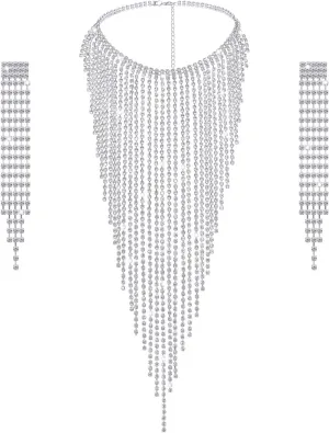 Hicarer Tassel Necklace Rhinestones Jewelry Set for Women Necklace Earrings Wedding