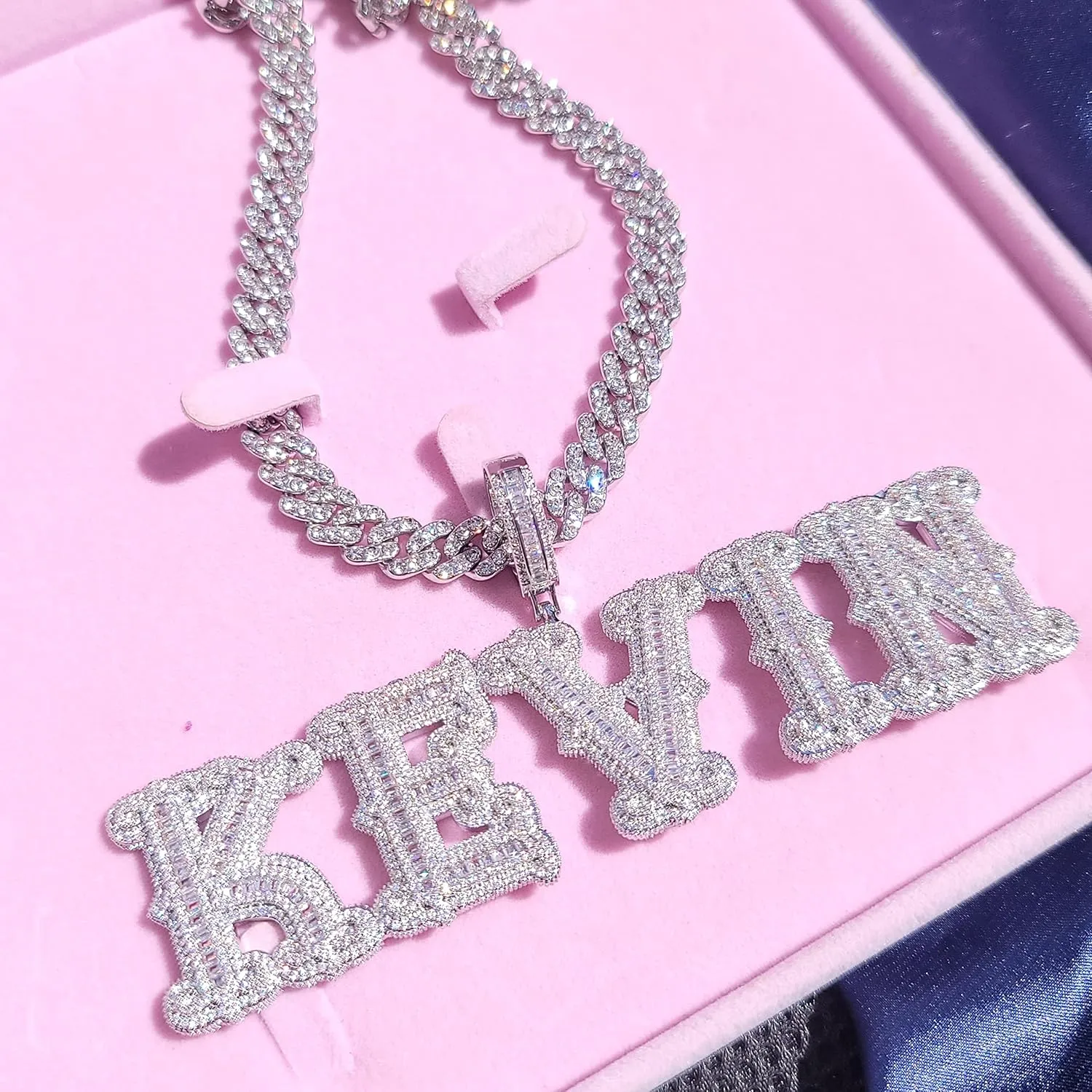 Hip Hop Custom Big Baguettes Letters Name Necklace With 9mm Cuban Link Chain VVS Clarity Cubic Zirconia Iced Out Personalized Name Pendants Charm Jewelry for Women Men