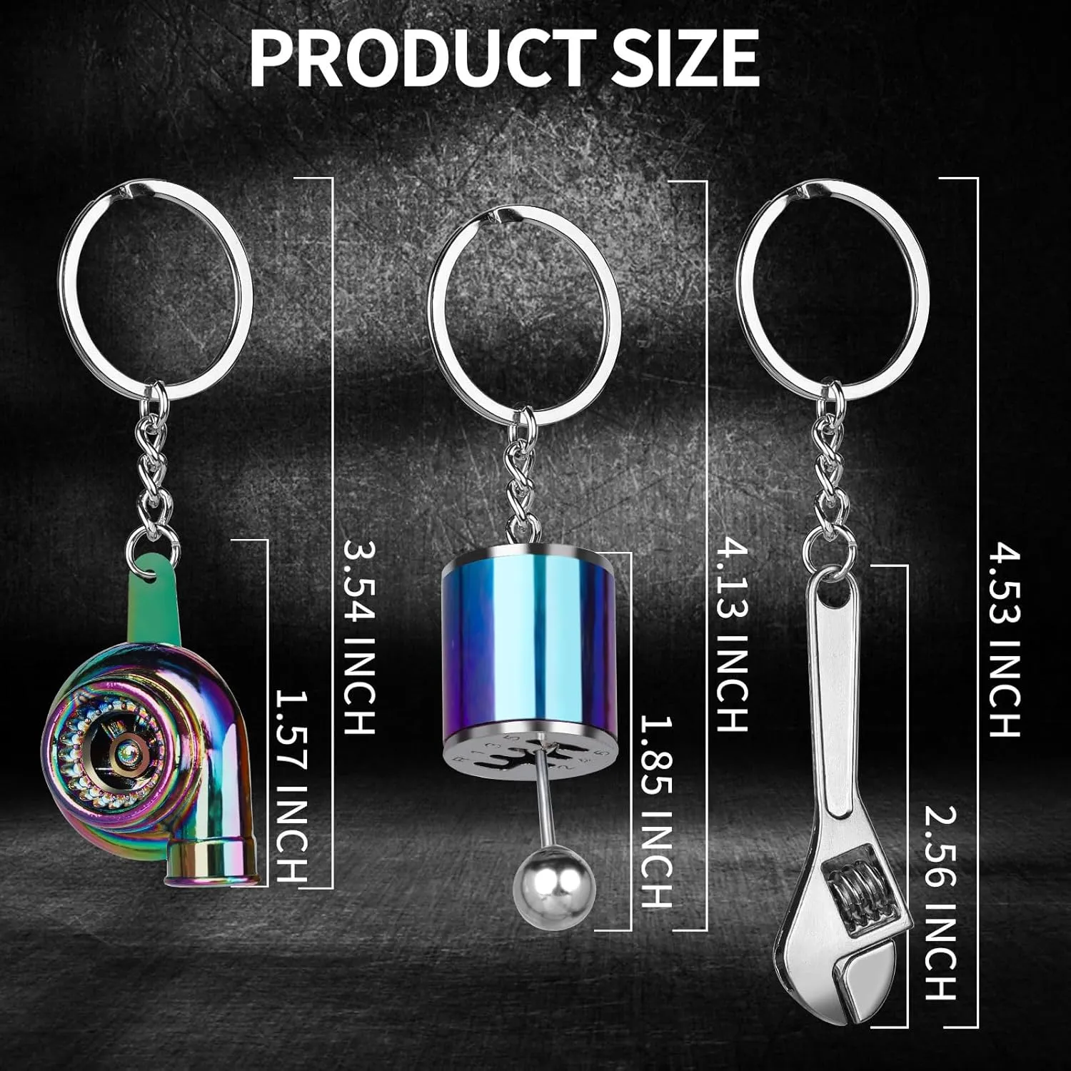 HNYYZL 6Pcs Auto Parts Metal Key Chain,Turbo,Manual Shift Box,Brake Rotor, Wheel Tire Rim, Engine Piston, Wrench Keychain
