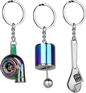HNYYZL 6Pcs Auto Parts Metal Key Chain,Turbo,Manual Shift Box,Brake Rotor, Wheel Tire Rim, Engine Piston, Wrench Keychain