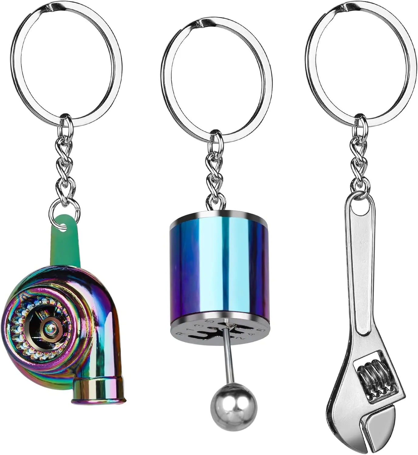 HNYYZL 6Pcs Auto Parts Metal Key Chain,Turbo,Manual Shift Box,Brake Rotor, Wheel Tire Rim, Engine Piston, Wrench Keychain
