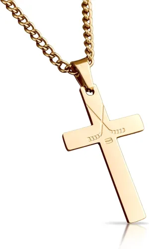 Hockey Cross Pendant With Chain Necklace - 14K Gold Plated Stainless Steel