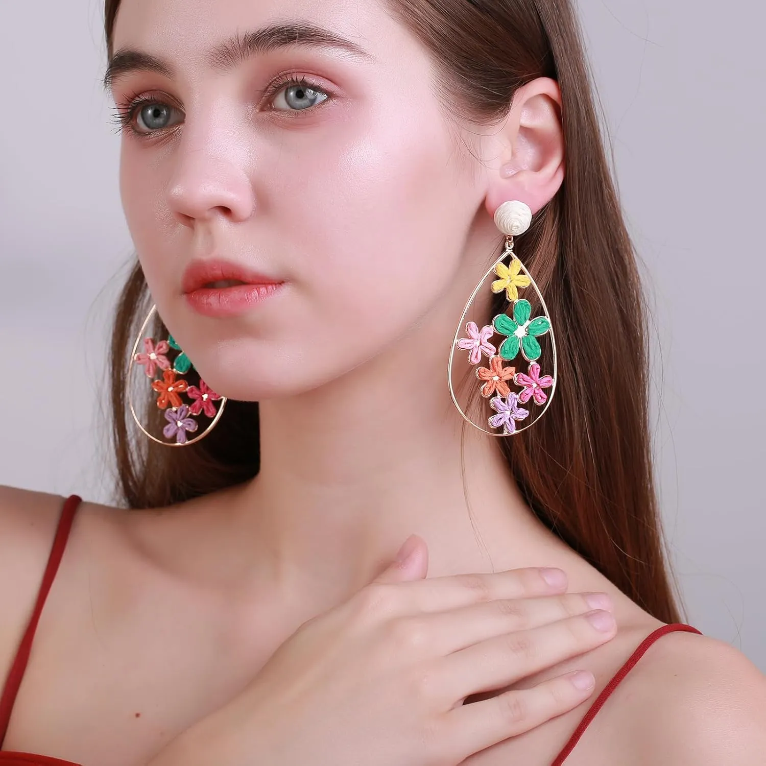 Hollow Raffia Flower Earrings, Handmade Large Teardrop Statement Drop and Dangle Earrings Summer Tropical Beach Jewelry