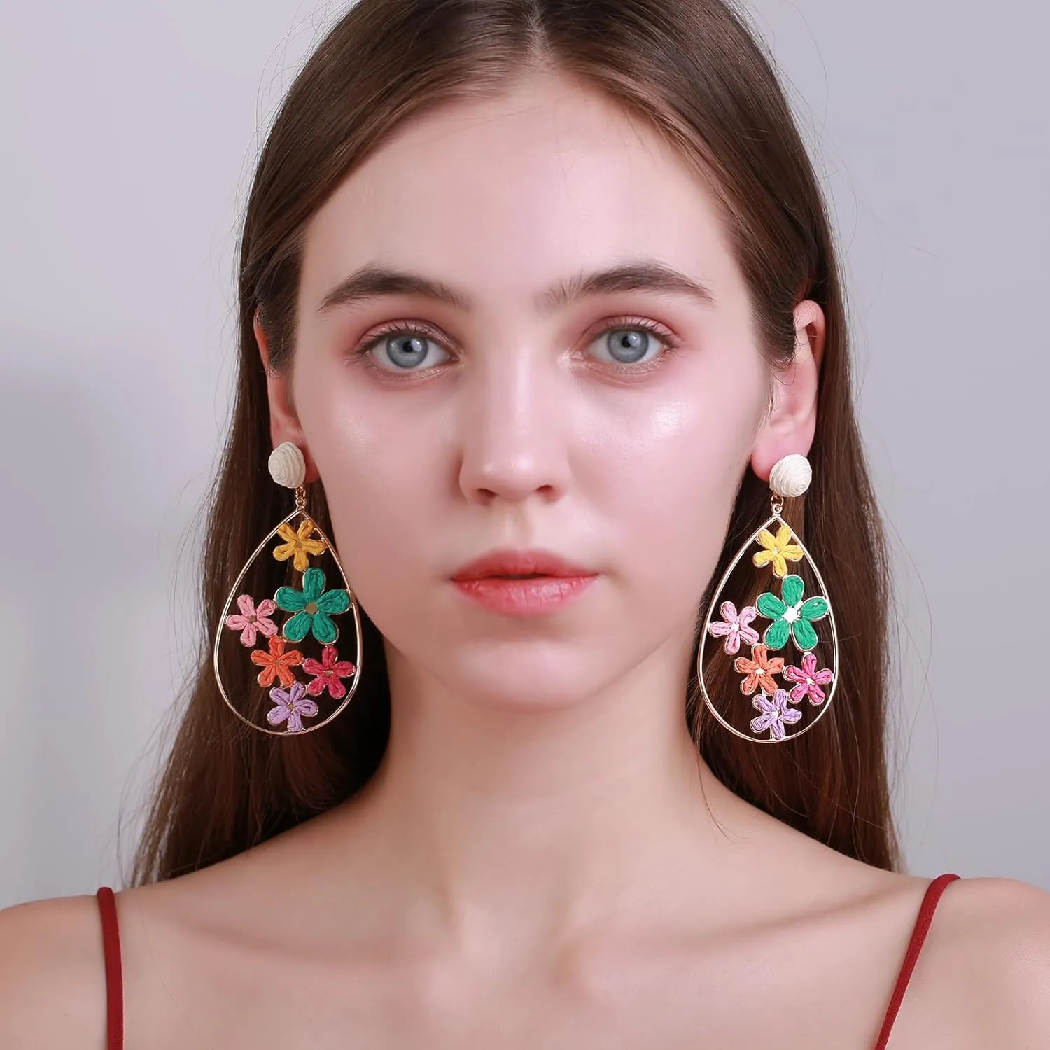 Hollow Raffia Flower Earrings, Handmade Large Teardrop Statement Drop and Dangle Earrings Summer Tropical Beach Jewelry