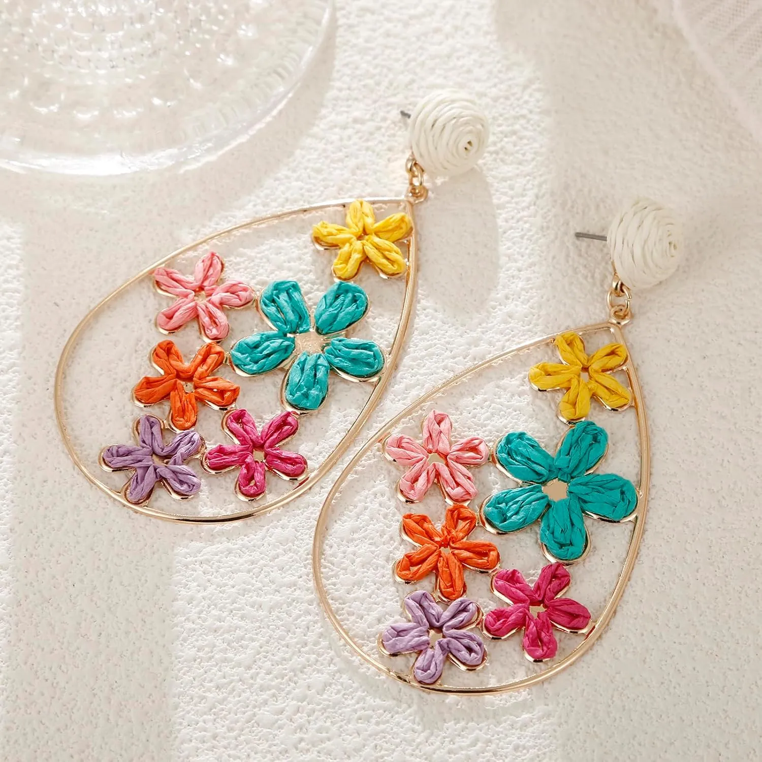 Hollow Raffia Flower Earrings, Handmade Large Teardrop Statement Drop and Dangle Earrings Summer Tropical Beach Jewelry