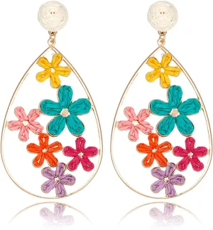 Hollow Raffia Flower Earrings, Handmade Large Teardrop Statement Drop and Dangle Earrings Summer Tropical Beach Jewelry
