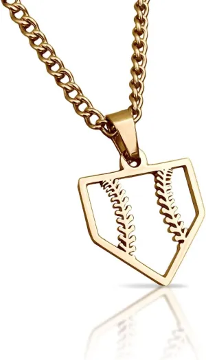 Home Plate Pendant With Chain Necklace - 14K Gold Plated Stainless Steel - Baseball Softball