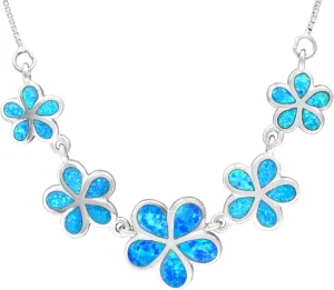 Honolulu Jewelry Company Sterling Silver Five Plumeria Flower Necklace with Simulated Blue Opal