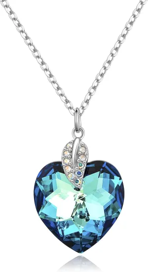 Hoobeads Blue Ocean Heart Pendants Necklace with Austrian Crystal 925 Sterling Silver Women Jewelry for Christmas (E)