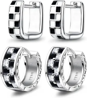 Hoop Earrings for Women Trendy - Checkered Earrings Dainty Silver Earrings White Black Enamel Minimalist Hoops Cubic Zirconia Huggie Earrings Gift for Girls Teens