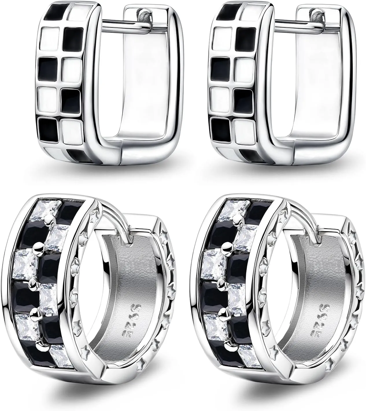 Hoop Earrings for Women Trendy - Checkered Earrings Dainty Silver Earrings White Black Enamel Minimalist Hoops Cubic Zirconia Huggie Earrings Gift for Girls Teens