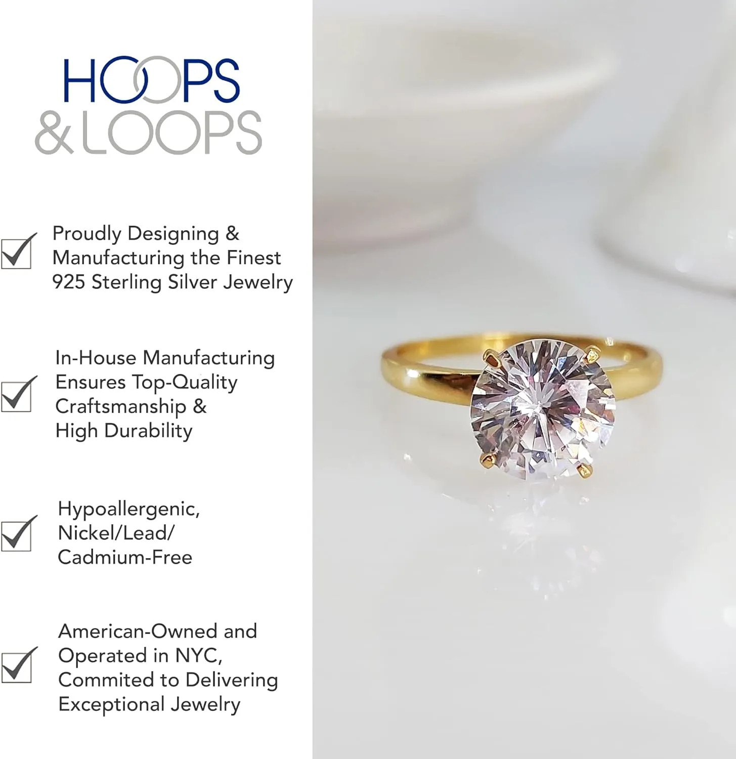 Hoops & Loops 925 Sterling Silver 1.0-3.0 Carats Round Brilliant Cut Cubic Zirconia Solitaire Engagement Bridal Wedding Statement Band Ring for Women, Silver & Yellow Gold Flashed Sterling Silver