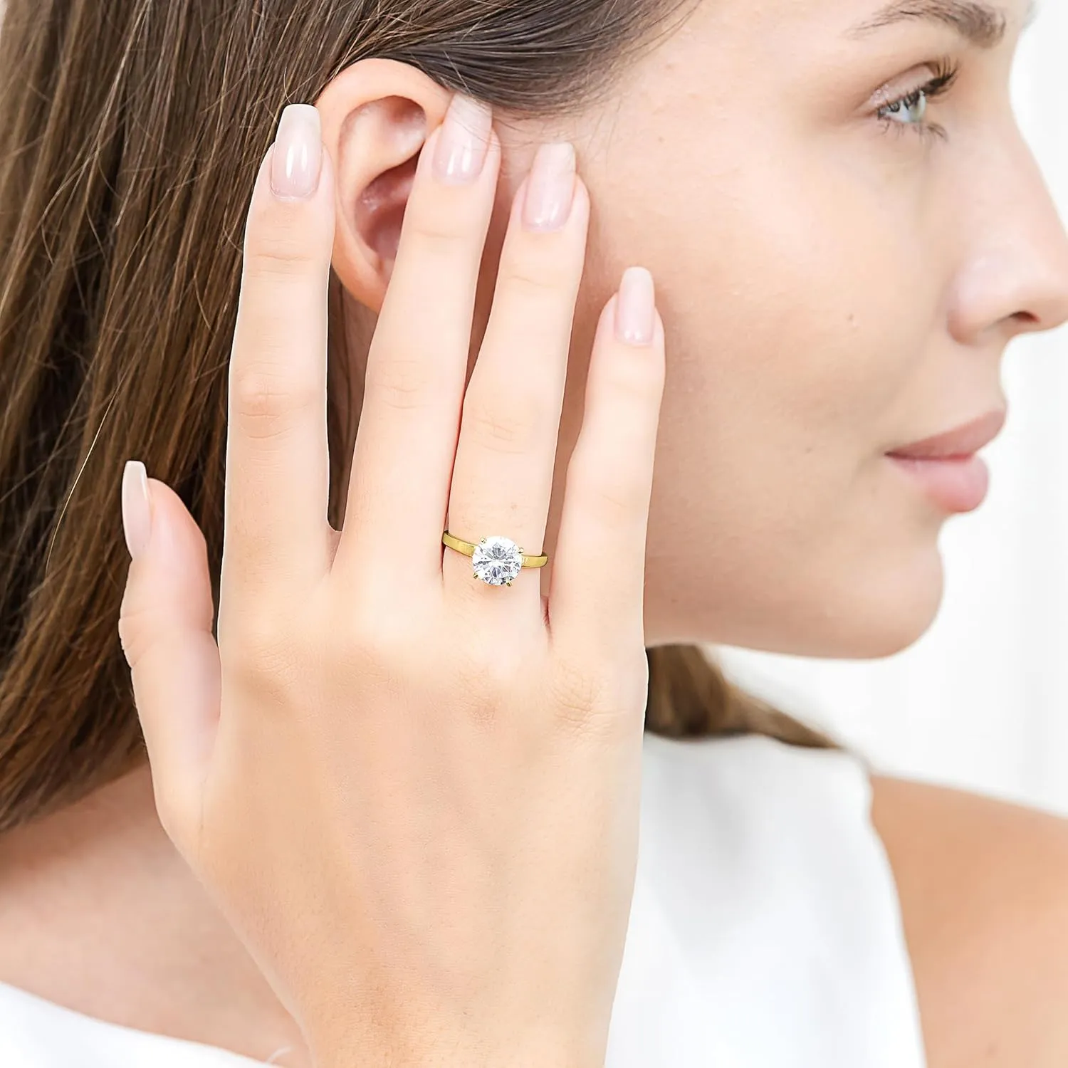 Hoops & Loops 925 Sterling Silver 1.0-3.0 Carats Round Brilliant Cut Cubic Zirconia Solitaire Engagement Bridal Wedding Statement Band Ring for Women, Silver & Yellow Gold Flashed Sterling Silver
