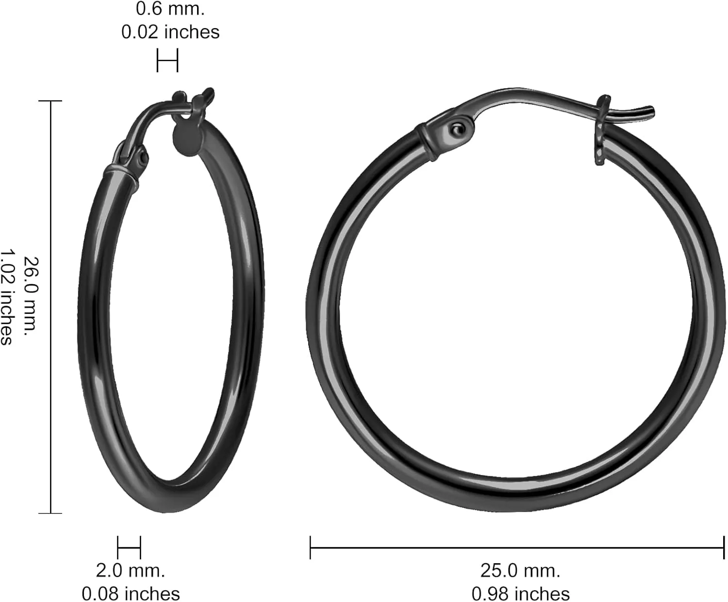 Hoops & Loops 925 Sterling Silver 2mm Hoop Earrings for Women & Men, 14K Gold Plated, Rose Gold, Black Hypoallergenic Lightweight High Polished Click-Top Hoops 15mm-60mm