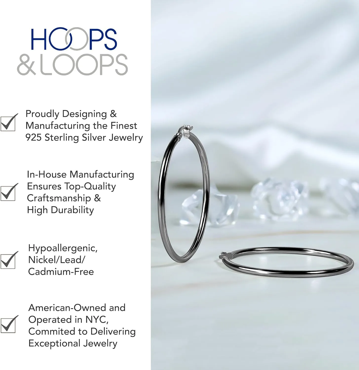 Hoops & Loops 925 Sterling Silver 2mm Hoop Earrings for Women & Men, 14K Gold Plated, Rose Gold, Black Hypoallergenic Lightweight High Polished Click-Top Hoops 15mm-60mm