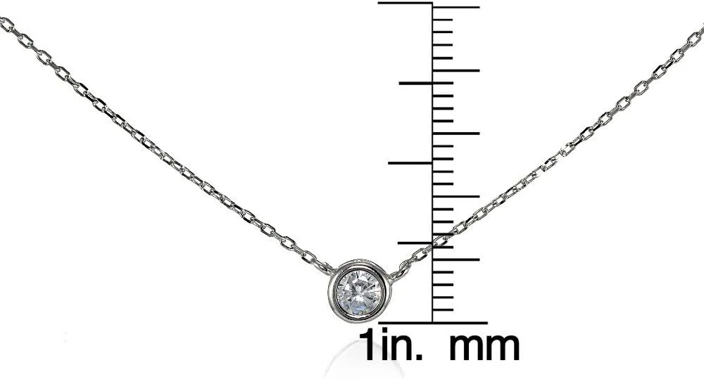 Hoops & Loops 925 Sterling Silver Cubic Zirconia Bezel-Set Solitaire Tiny Choker Necklace for Women, Silver, Yellow Gold, Rose Gold
