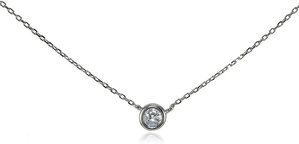 Hoops & Loops 925 Sterling Silver Cubic Zirconia Bezel-Set Solitaire Tiny Choker Necklace for Women, Silver, Yellow Gold, Rose Gold