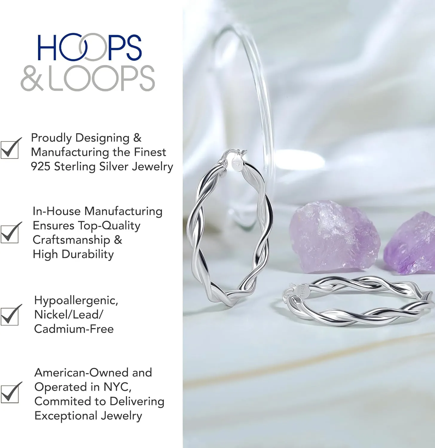 Hoops & Loops 925 Sterling Silver Twisted Hoop Earrings for Women, Silver/Gold/Rose Gold 3mm Twist Hypoallergenic Hoop Earrings 15/20/25/30/35/40mm