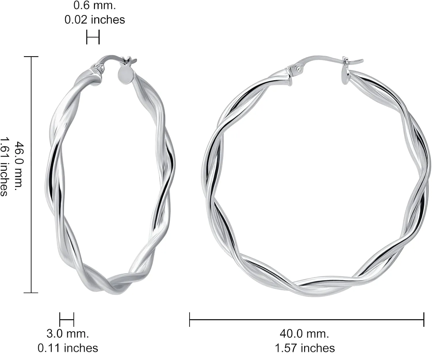Hoops & Loops 925 Sterling Silver Twisted Hoop Earrings for Women, Silver/Gold/Rose Gold 3mm Twist Hypoallergenic Hoop Earrings 15/20/25/30/35/40mm