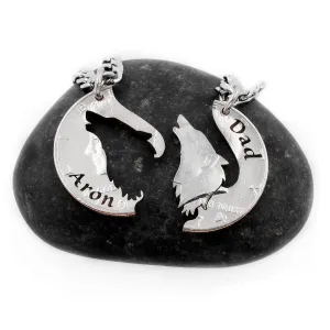 Howling Wolf Necklaces with Custom Name, Family Jewelry, Father and Son or Daughter, Matching Son and Dad Pendants, Hand Cut Coin, By NameCoins