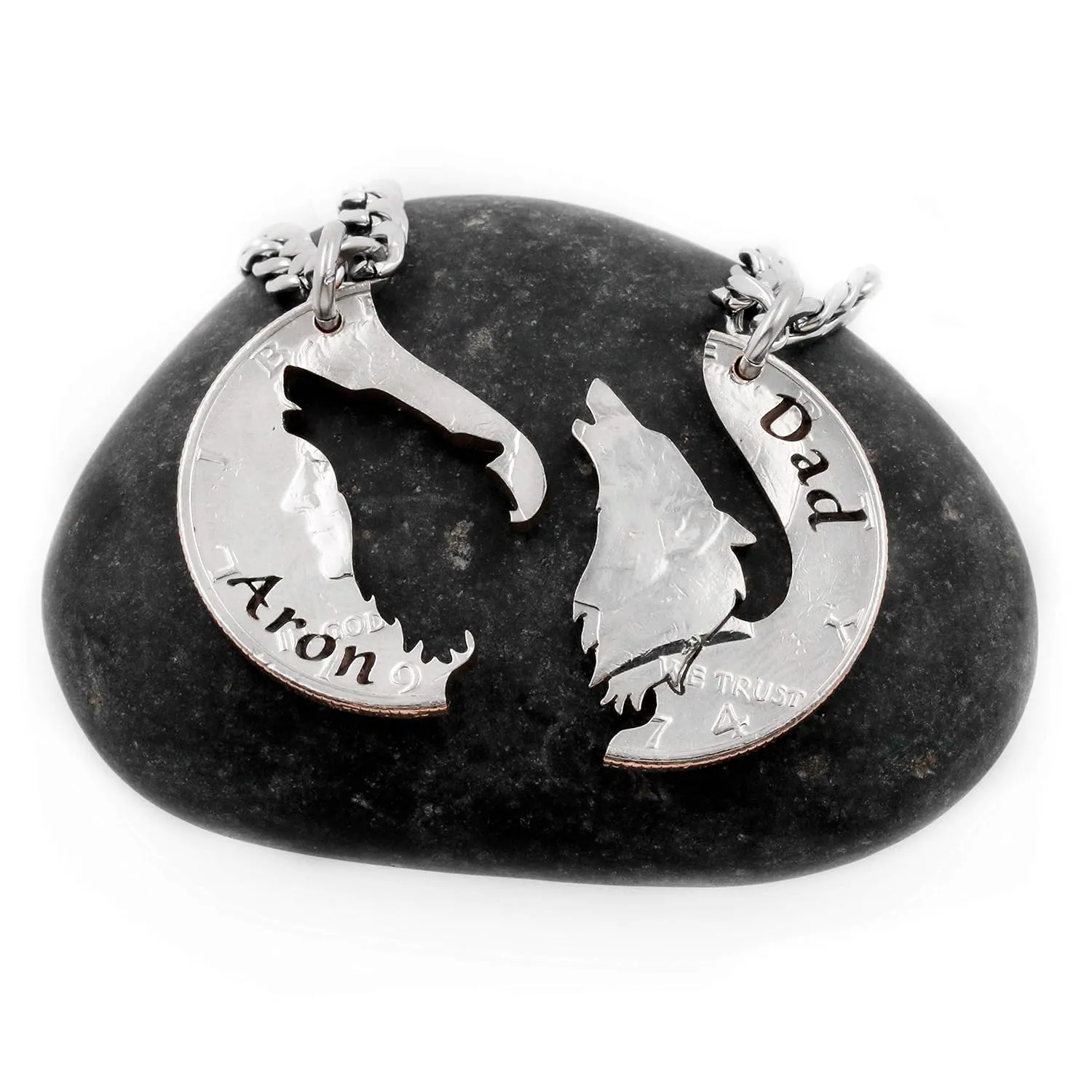 Howling Wolf Necklaces with Custom Name, Family Jewelry, Father and Son or Daughter, Matching Son and Dad Pendants, Hand Cut Coin, By NameCoins
