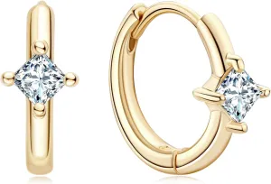 Huggie Hoop Earrings for Women in 925 Sterling Silver, 5A Cubic Zirconia 14K Gold Plated Simple Hypoallergenic Stud Earrings