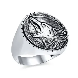 Hunter Norse Viking Mens Silver Ring with Fierce Wolf Head in Oxidized Sterling Silver