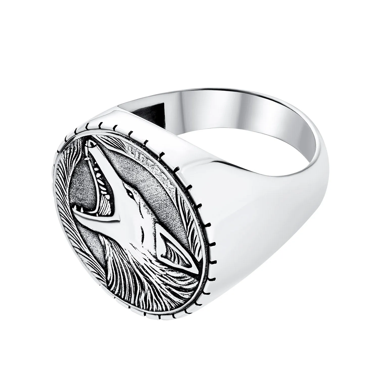 Hunter Norse Viking Mens Silver Ring with Fierce Wolf Head in Oxidized Sterling Silver