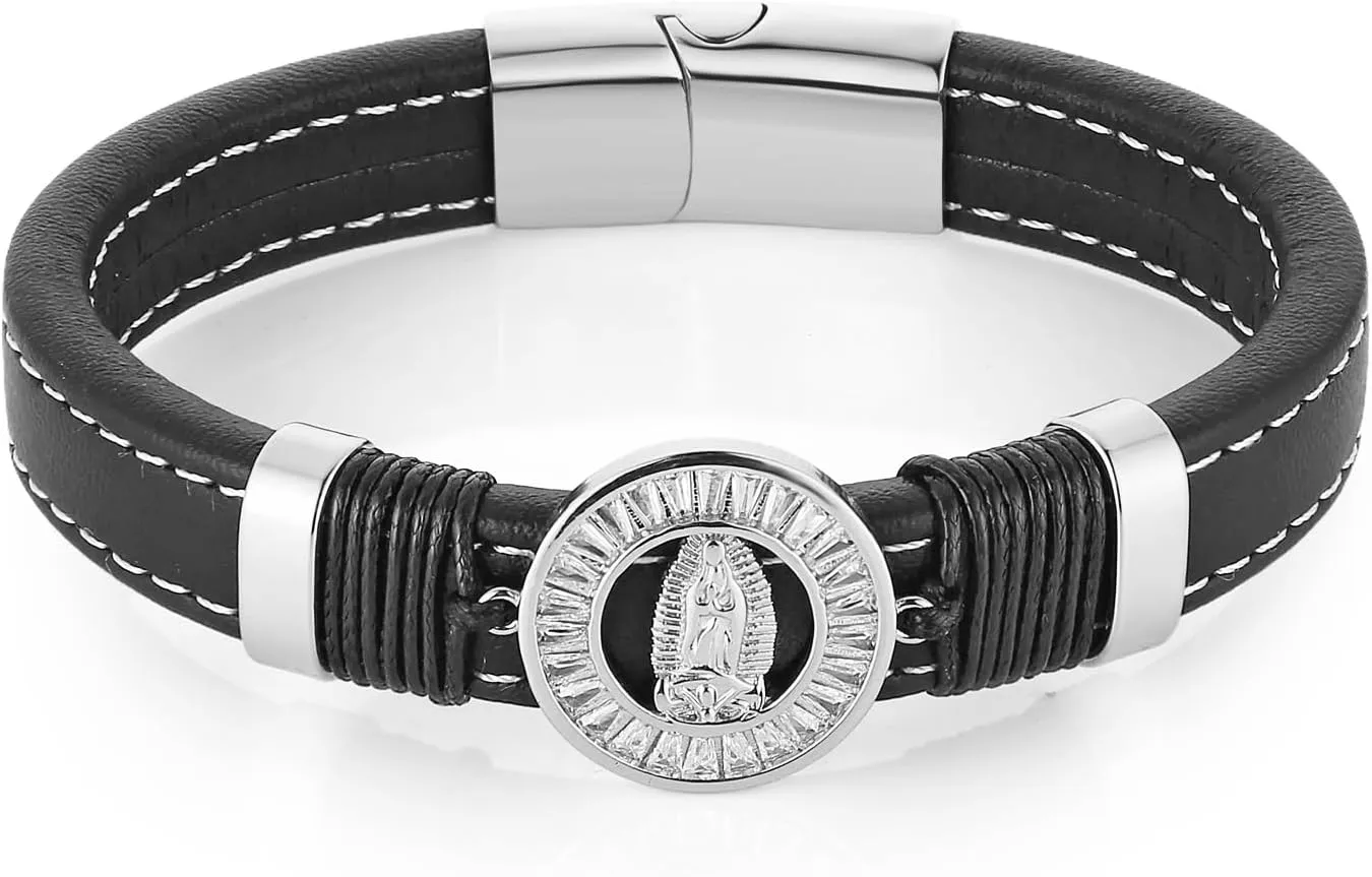 HZMAN 8.5-inch Round Medal Cross/Virgin Mary Black Stainless Steel Rhinestone Genuine Leather Bracelet for Men Women