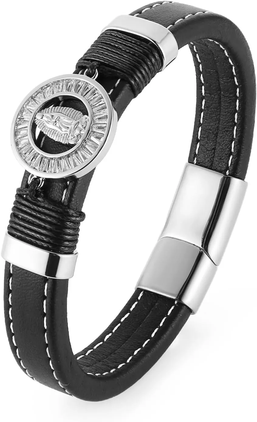 HZMAN 8.5-inch Round Medal Cross/Virgin Mary Black Stainless Steel Rhinestone Genuine Leather Bracelet for Men Women