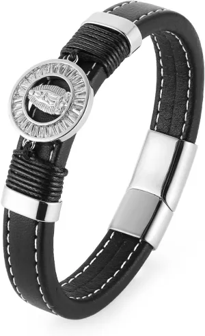 HZMAN 8.5-inch Round Medal Cross/Virgin Mary Black Stainless Steel Rhinestone Genuine Leather Bracelet for Men Women