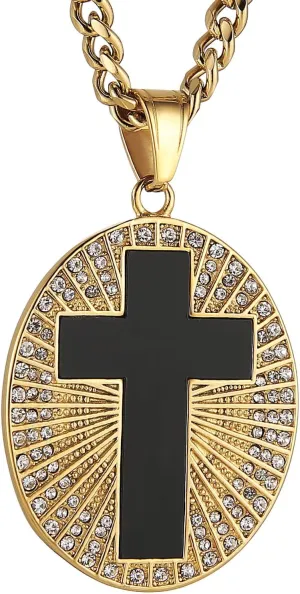 HZMAN Gold Cross Necklace for Men Stainless Steel Cubic Zirconia Black Cross Medal Pendant
