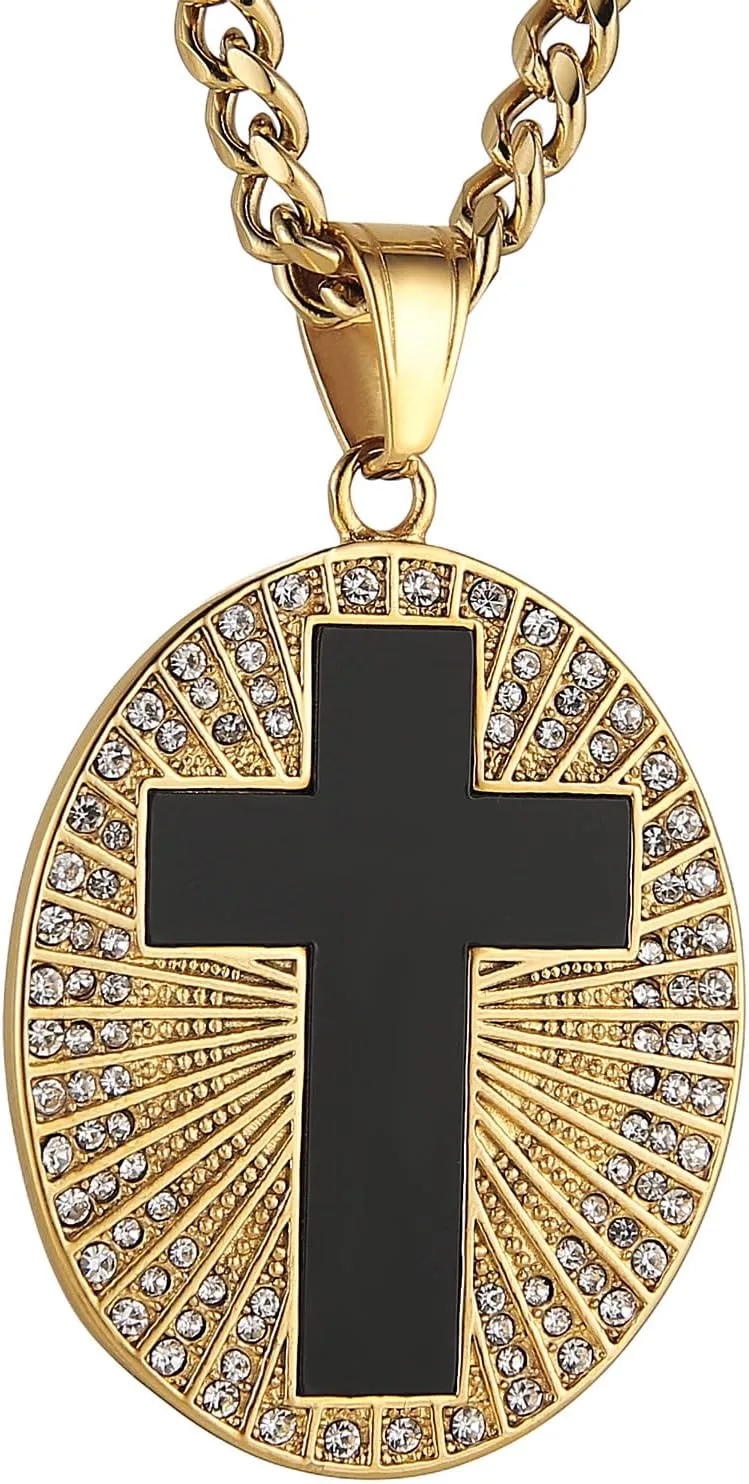 HZMAN Gold Cross Necklace for Men Stainless Steel Cubic Zirconia Black Cross Medal Pendant
