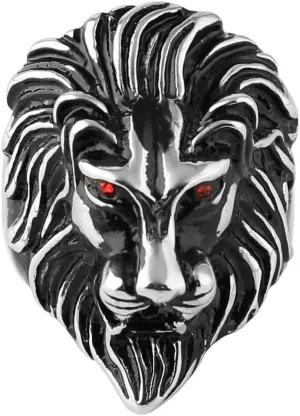 HZMAN Men's Vintage 316L Stainless Steel Lion Red Eyes Rings Heavy Metal Rock Punk Style Gothic Biker Ring Silver Gold Black 3 Colors
