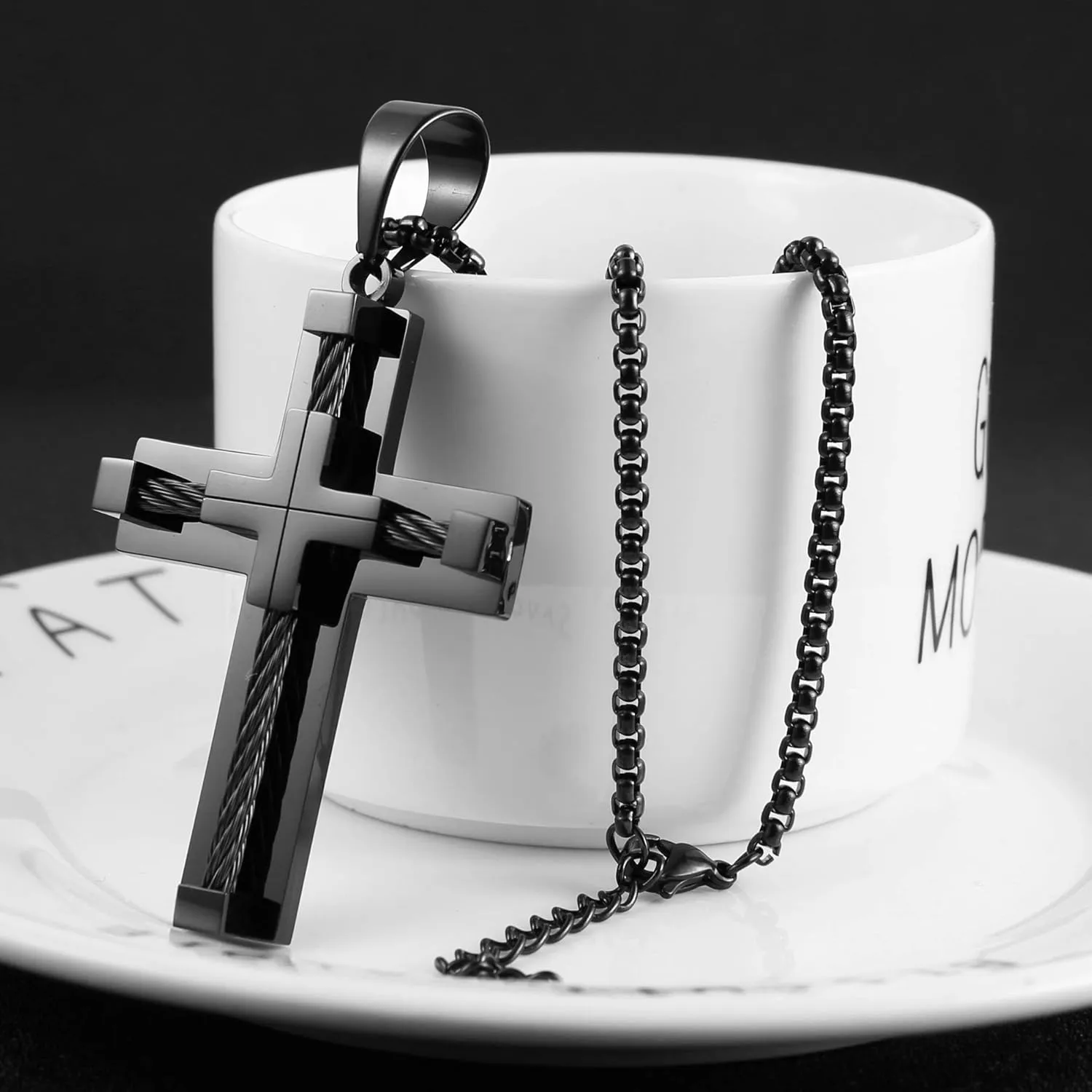 HZMAN Stainless Steel Men's Cross Necklace Cable Inlay Double Layer Cross Necklace Pendant 22   2 Inch Chain