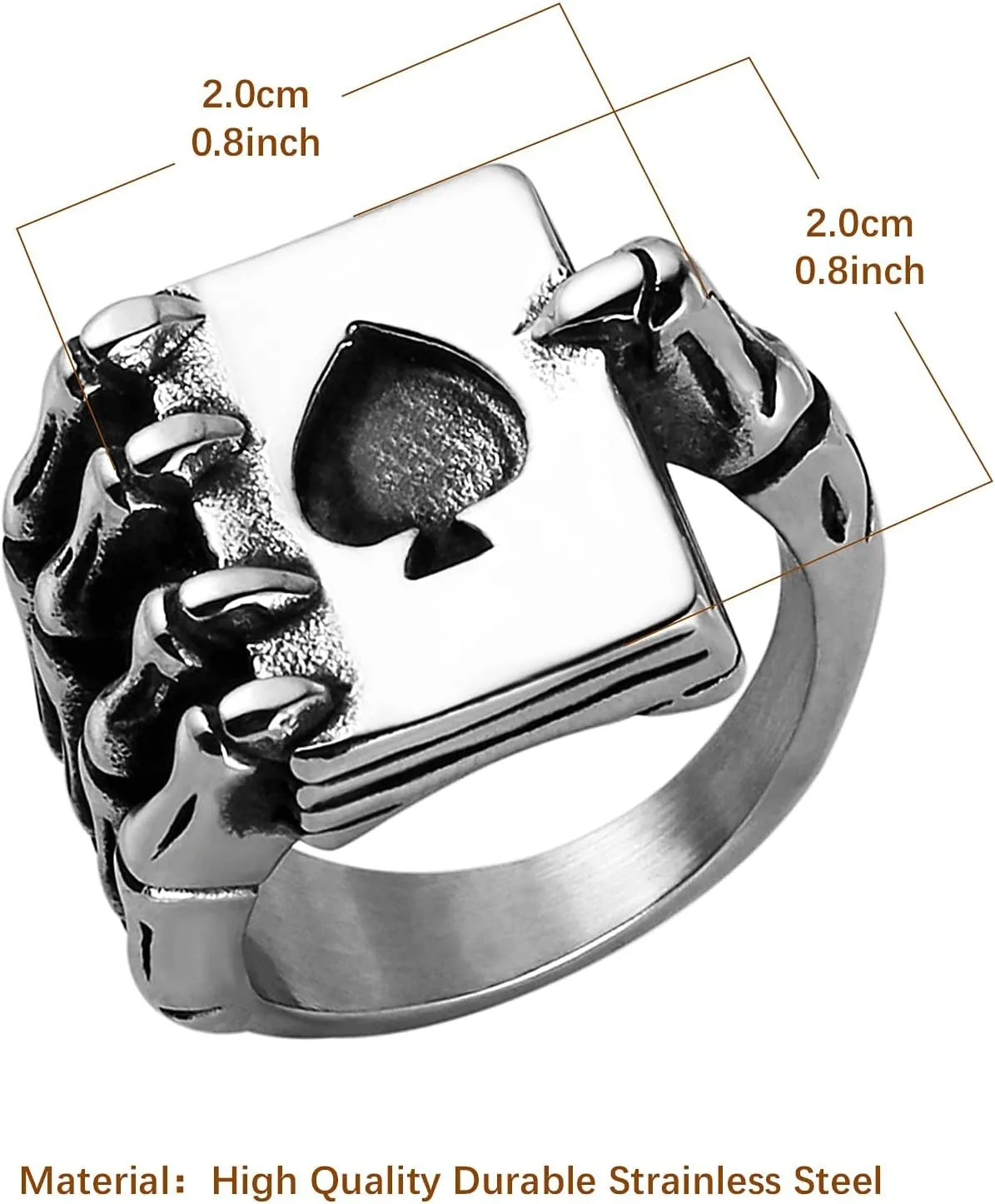 HZMAN Stainless Steel Ring for Men Women, Gothic Skull Hand Claw Poker Playing Card Ace of Spades,for GIft,Size 8-13