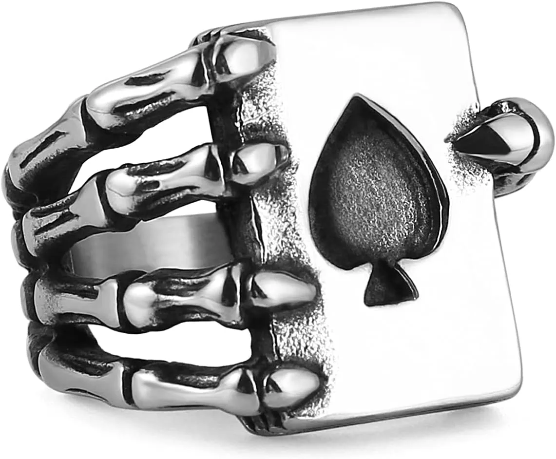 HZMAN Stainless Steel Ring for Men Women, Gothic Skull Hand Claw Poker Playing Card Ace of Spades,for GIft,Size 8-13