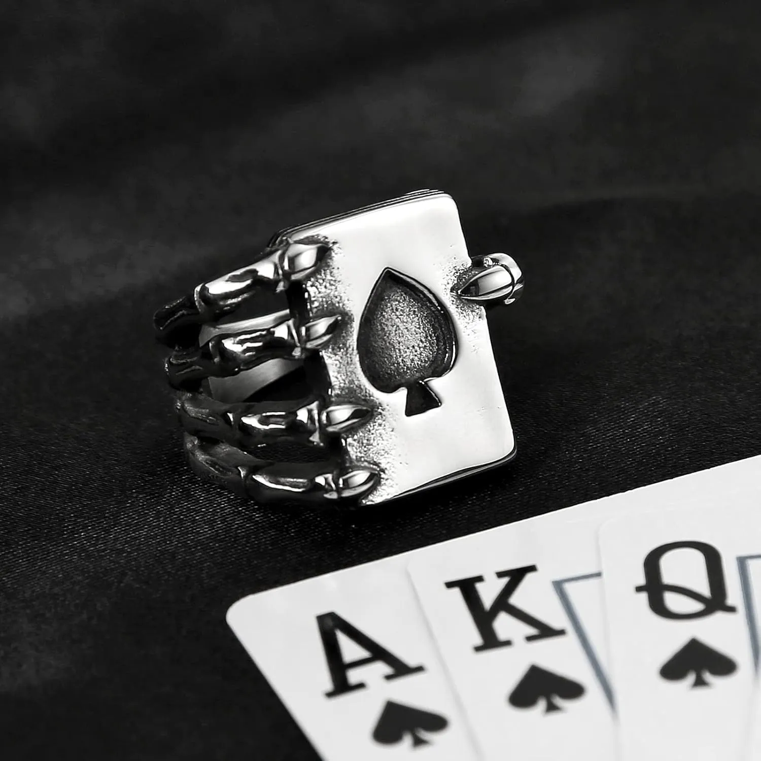 HZMAN Stainless Steel Ring for Men Women, Gothic Skull Hand Claw Poker Playing Card Ace of Spades,for GIft,Size 8-13