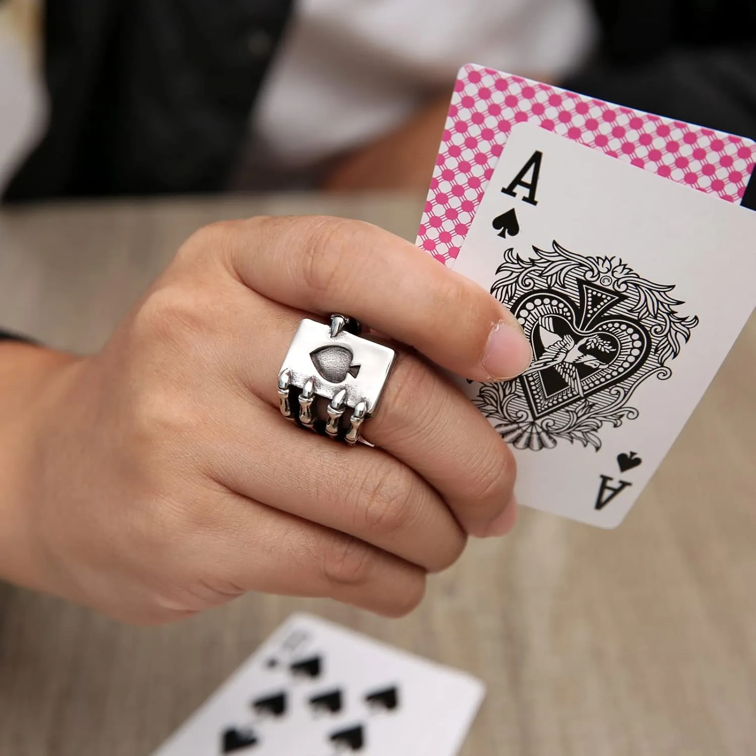 HZMAN Stainless Steel Ring for Men Women, Gothic Skull Hand Claw Poker Playing Card Ace of Spades,for GIft,Size 8-13