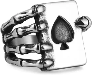 HZMAN Stainless Steel Ring for Men Women, Gothic Skull Hand Claw Poker Playing Card Ace of Spades,for GIft,Size 8-13