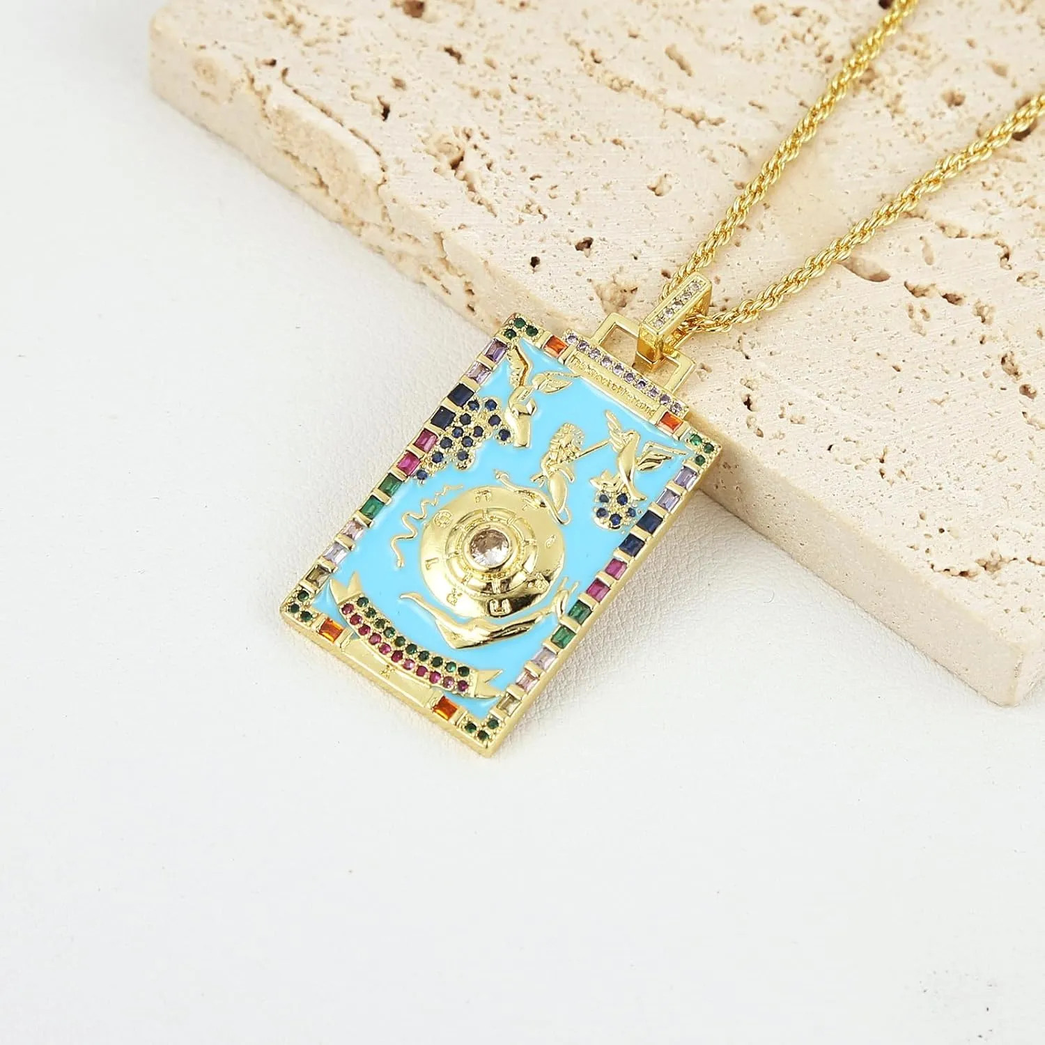 HZMAN Tarot Cards Necklace for Women Dainty 14K Gold Plated Cubic Zirconia Fortune Telling Magic Card Pendant Jewelry Gift