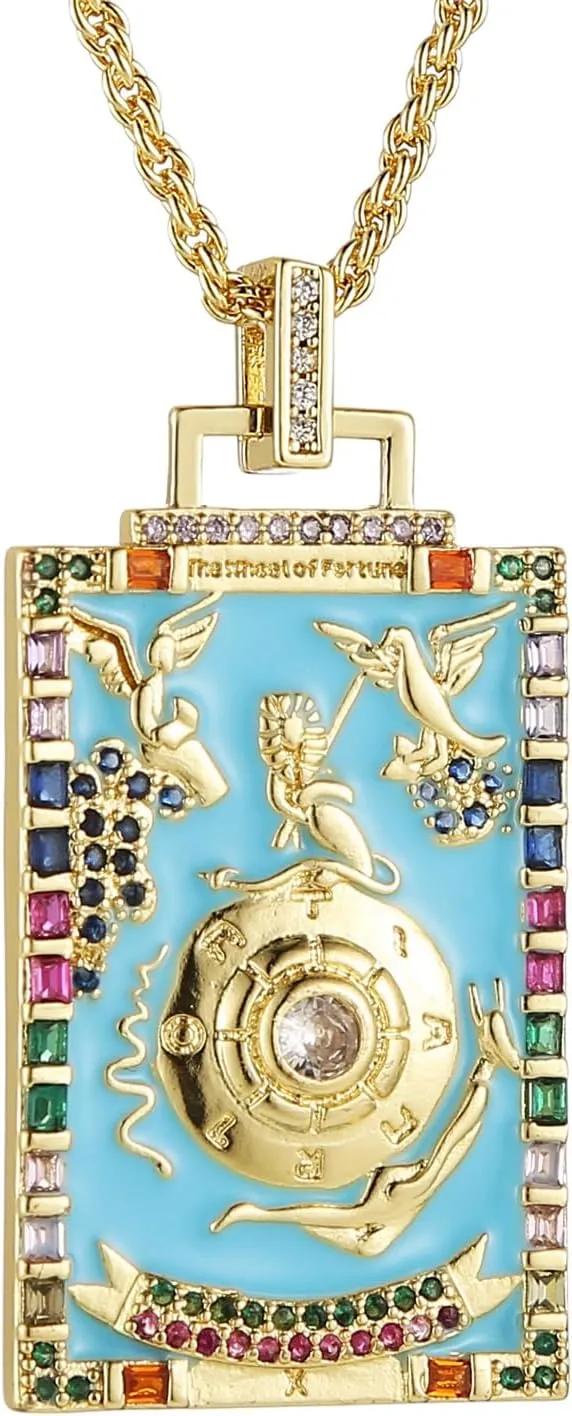 HZMAN Tarot Cards Necklace for Women Dainty 14K Gold Plated Cubic Zirconia Fortune Telling Magic Card Pendant Jewelry Gift