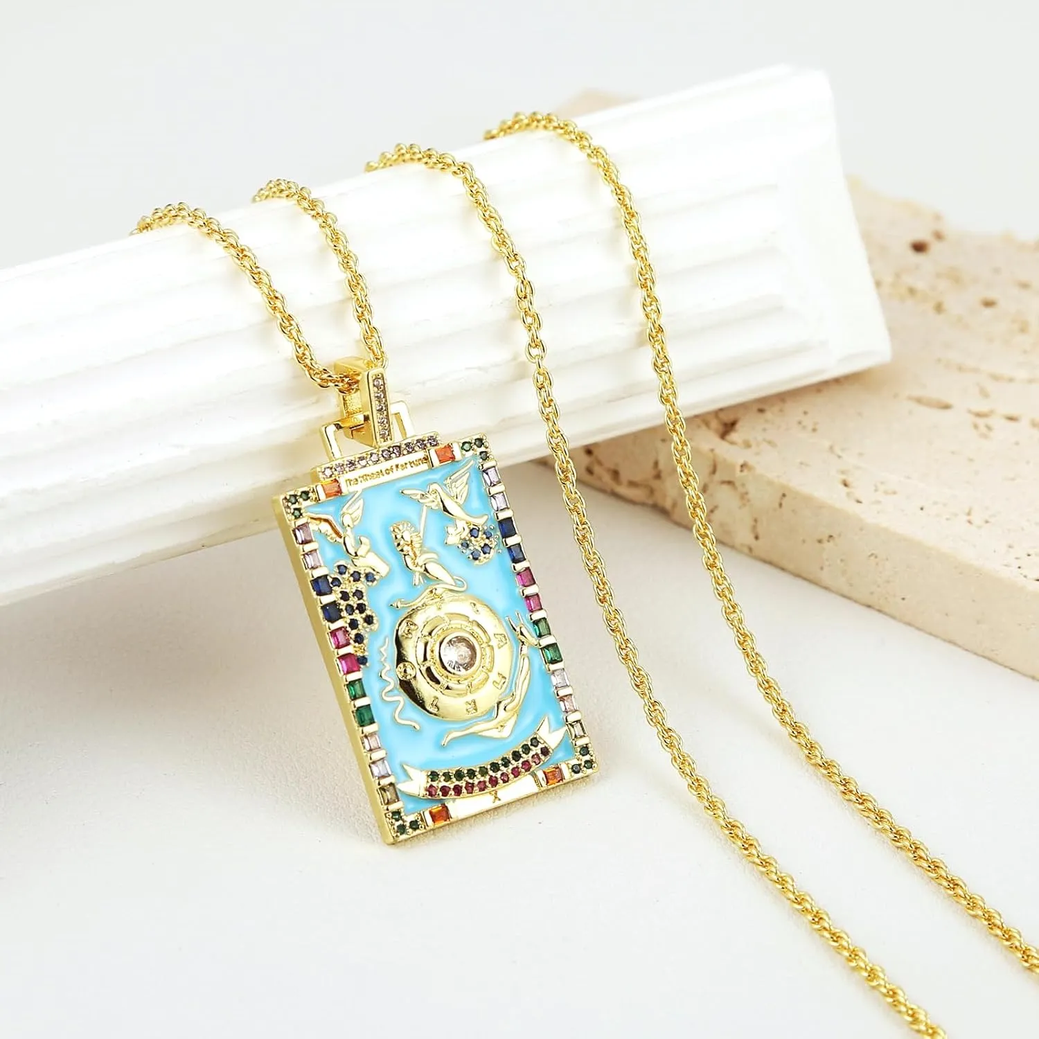 HZMAN Tarot Cards Necklace for Women Dainty 14K Gold Plated Cubic Zirconia Fortune Telling Magic Card Pendant Jewelry Gift