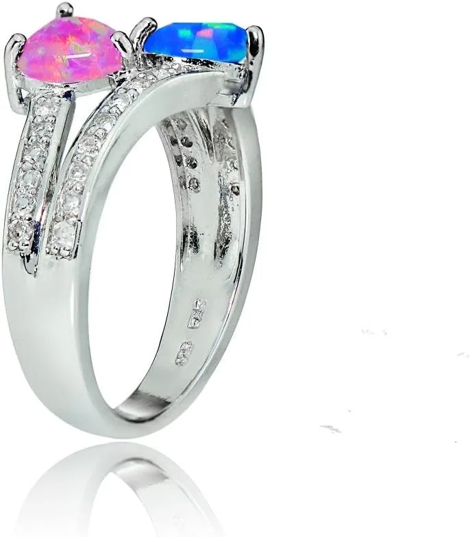 Ice Gems Sterling Silver Created Pink and Blue Opal and White Topaz Double Heart Friendship Ring
